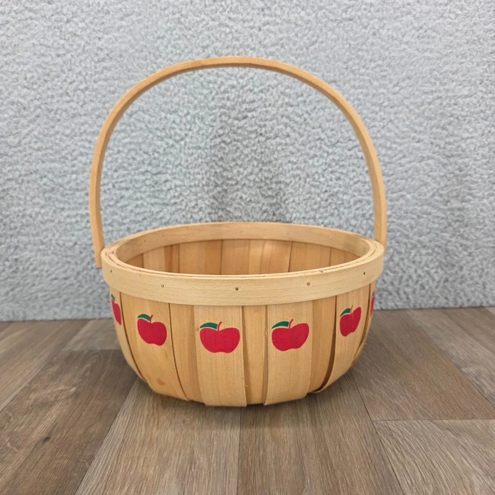 Vintage Woven Wood Slat Apple Basket Round Fruit Storage Farmhouse Decor 10in